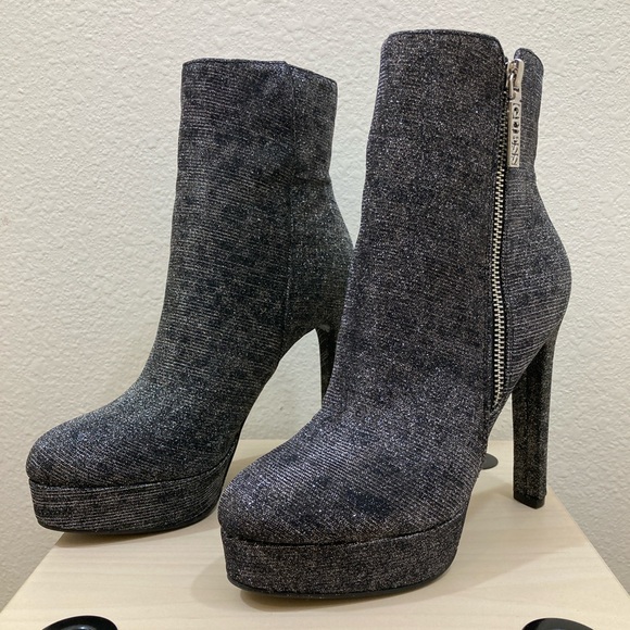 Guess Shoes - Guess Dejah Glitter Finish Charcoal Grey Platform Booties with Side Zip Size 6